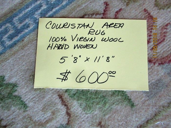 BUY IT NOW,  Couristan area rug, 100 virgin wool hand woven in India, 5' x 8"  x 11" 8 "  $600.00