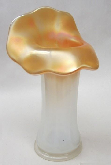 Jack in the Pulpit glass vase. White opalescent body, orange iridescent carnival glass top. 8.5" tall
