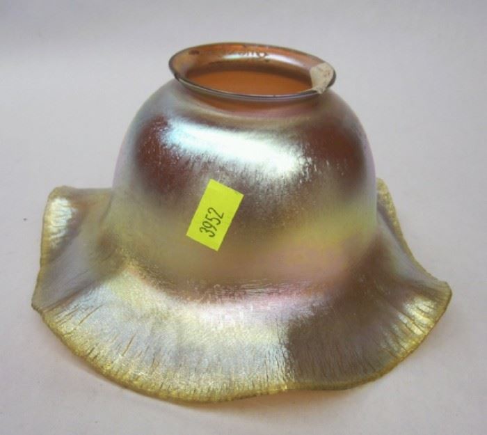 Quezal iridescent glass shade. 6.75" wide. One nick on rim on bulb side