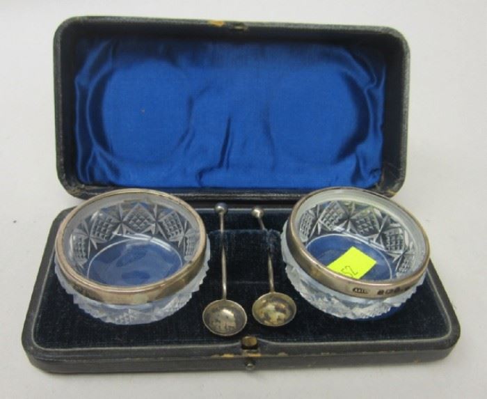 Birmingham English sterling and crystal open salt set. Spoons are 2 1/8" long. Assorted date marks