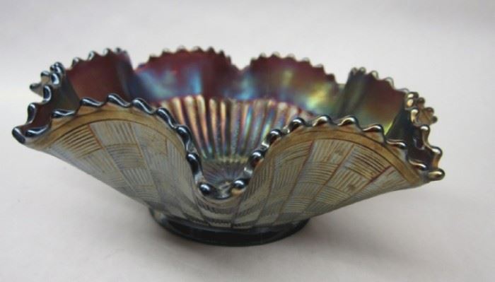 Vintage Northwood Stippled Rays Carnival Glass Ruffle edge Bowl. Signed. 9.25" at widest point