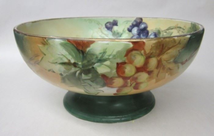 Hand painted porcelain footed fruit bowl. 10 5/8" wide. Ink stamp signature Ciulla Art Studio