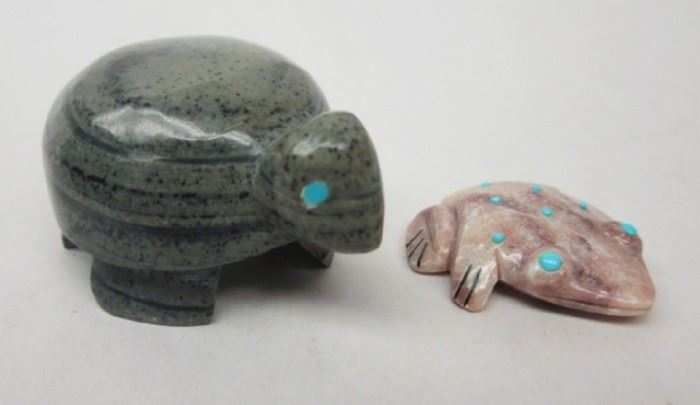 Two Southwest stone fetish figures, a turtle and a frog. 