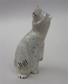Zuni Pueblo Standing Bear Antler Fetish. Likely by Gabe Sice. Inlaid turquoise spots and eyes. 2.75" tall 