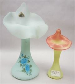 Two Fenton Jack in the Pulpit vases: 7" tall shiny Burmese and 10.25" tall blue satin painted by Marilyn Wagner