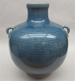 Blue crackle glaze pottery handled vase. 12 1/8" tall