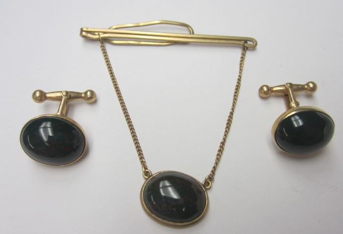 10k gold tie bar and cuff ling set with bloodstones
