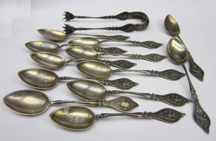 800 silver demitasse size spoons and sugar tongs