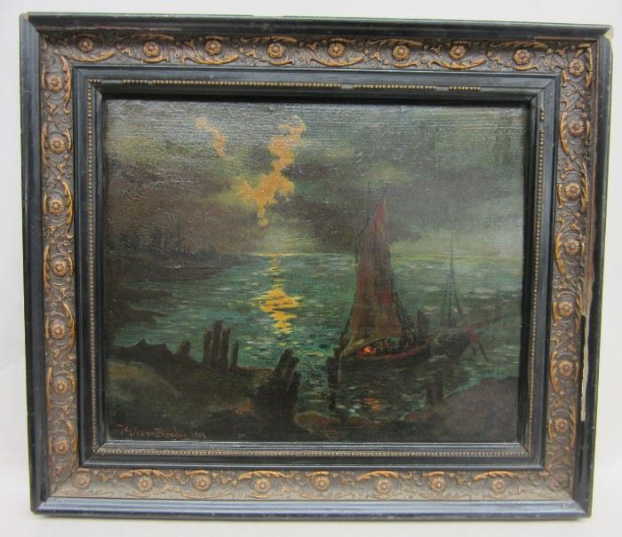 Francois-Leon Preiur-Bardin (1870-1939, French)Oil on wood panel of a coastal scene with sail boat. Signed lower left and dated 1901. Slight natural warp on board, age related crazing