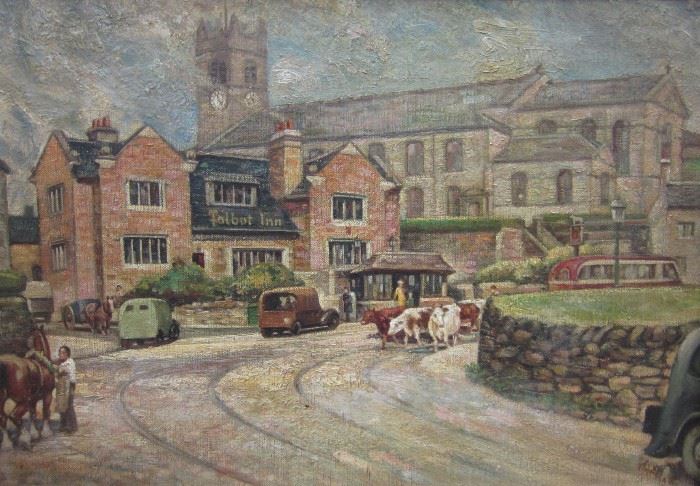 Oil on wood panel of a street scene with Talbot Inn in the background. Signed lower right. 23 1/8" x 16". Some plaster missing from frame. Attributed on reverse to Henry Malfroy (1895-1944)
