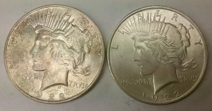 Two U.S. Peace dollars, AU & BU 1922