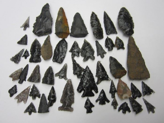 Native American arrowheads, spear tips gathered by the consignor's great  Grandmother and her brother used to pick them up in the newly plowed fields of their homestead next to the Malheur River in South Eastern Oregon. Most were gathered before the 1900’s. Many are likely from the local Paiute people as well as some Nez Perce who would have traveled on the river