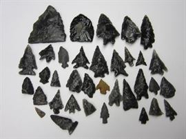 Native American arrowheads, spear tips gathered by the consignor's great  Grandmother and her brother used to pick them up in the newly plowed fields of their homestead next to the Malheur River in South Eastern Oregon. Most were gathered before the 1900’s. Many are likely from the local Paiute people as well as some Nez Perce who would have traveled on the river