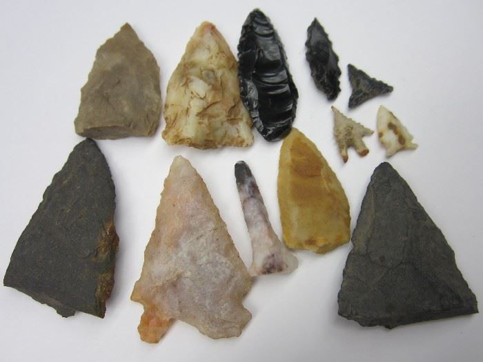 Native American arrowheads, spear tips gathered by the consignor's great  Grandmother and her brother used to pick them up in the newly plowed fields of their homestead next to the Malheur River in South Eastern Oregon. Most were gathered before the 1900’s. Many are likely from the local Paiute people as well as some Nez Perce who would have traveled on the river