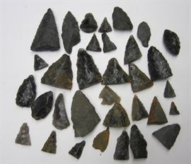 Native American arrowheads, spear tips gathered by the consignor's great  Grandmother and her brother used to pick them up in the newly plowed fields of their homestead next to the Malheur River in South Eastern Oregon. Most were gathered before the 1900’s. Many are likely from the local Paiute people as well as some Nez Perce who would have traveled on the river