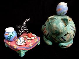 Mary Lou Deal, "A Cat That's Going to be Spanked," raku, 1998, and "Cat Balancing Vase," rake, 1998