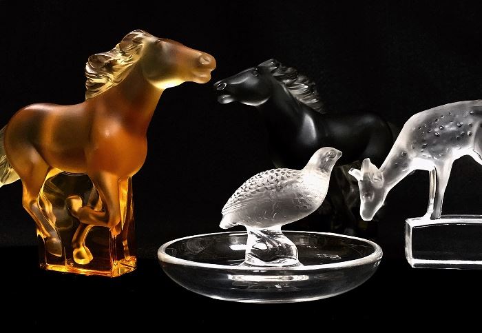 Lalique Crystal: Gold Luster Kazak Horse, Gray  Kazak Horse, Quail dish and Deer paperweight