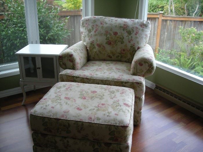 Floral chair and ottoman, small side cabinet
