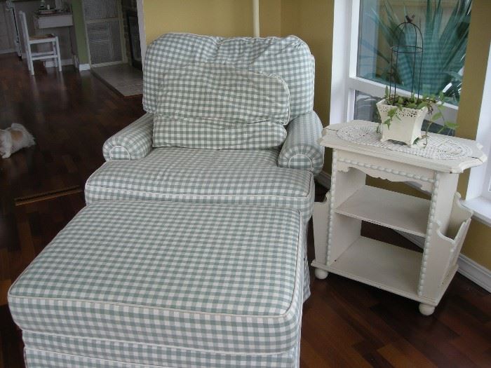 Comfy chair with ottoman, small side table