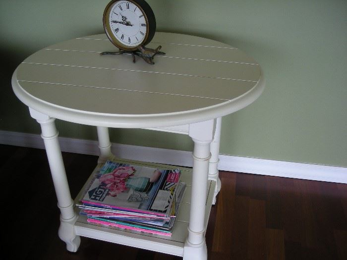 wooden side table, clock