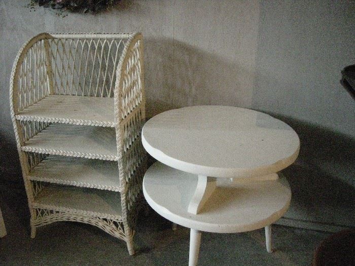 Wicker bookcase, small white wooden table