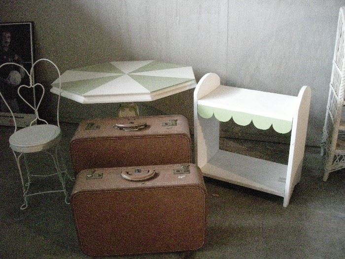 Small painted tables, small metal chair, vintage luggage