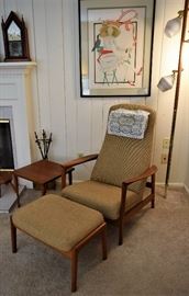 1964 Danish MidCentury Modern Walnut Rocker Recliner  Ottoman by Dux