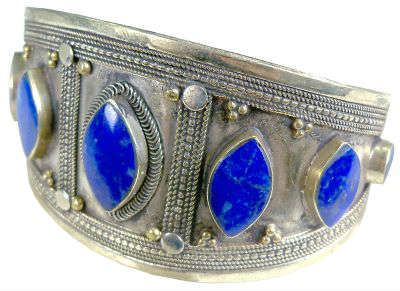 Ancient Lapis Lazuli in Modern Silver Cuff Bracelet, 3000 BC - 1900's