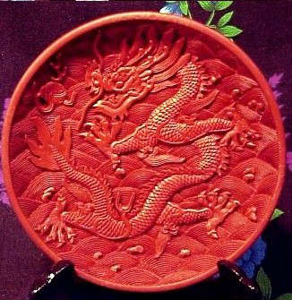 Intricately Hand Carved Chinese Red Dragon Plate