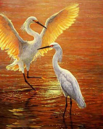 Gorgeous Hand Painted Oil on Canvas Egrets