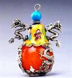 Unusual Chinese Jade Silver Double Dragon Snuff Bottle