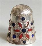 Antique Solid Sterling Silver Thimble w/Blue & Red Enamel