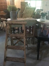 Vintage ladder, various side tables, step stool, watering can and glass jar