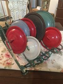 Assorted vintage metal lids and vintage metal piece.