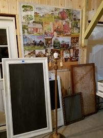 Vintage floor lamp, chalkboards, and frames