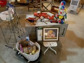 Vintage toys, chest, and pictures