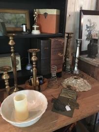 Vintage letter boxes, candle holders, ceramic bowl, bed springs, record box, farm scene picture, and metal clip board.