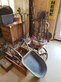 Small vintage wheelbarrow and various tools