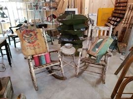 Vintage rocking chairs, bathroom cabinet, sewing box, burlap bag, stool, and metal turning tool bin,