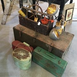Collection of vintage tool boxes, wood chest, tools and spot lights.