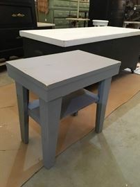 Refinished gray, chunky side table, and refinished chest on casters.