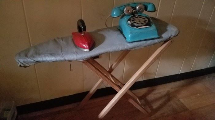 Vintage Childrens Ironing Board, Iron, and Telephone