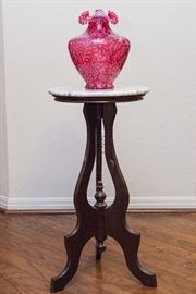 Antique Style Plant Stand w/Marble Top.  (28"h x 14"d):  Large Fenton Cranberry Vase: IS SOLD