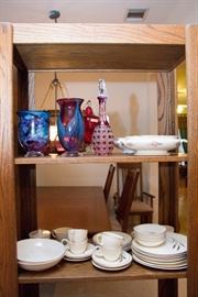 Top Shelf:  Glassware and Casseroles.  Priced From:  $9.00 - $75.00.  Second Shelf:  Royal Joyci 28pc. Dish Set:  $45.00
