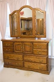 8 Drawer Oak Chest & Mirror.  (81"h [overall]/40"h to surface x 45" w x 18"d): $375.00