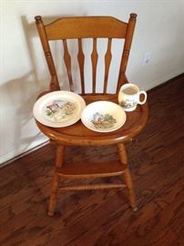 Antique Maple High Chair:  $60.00. Copeland Spode Dish Set:  $27.00