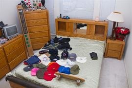 Right to Left:  Oak Queen Bed Frame and Serta Mattress.  (46"h x 66"w x 99"l):  $135.00.   6 Drawer Oak Dresser.  (54"h x 32"w x 22"d):  $195.00. Projection Screen:  $33.00.  6 Drawer Dresser w/Mirror (mirror:  44"l x 30"w/ dresser:  31"h x 58"w x 22"d):  $255.00