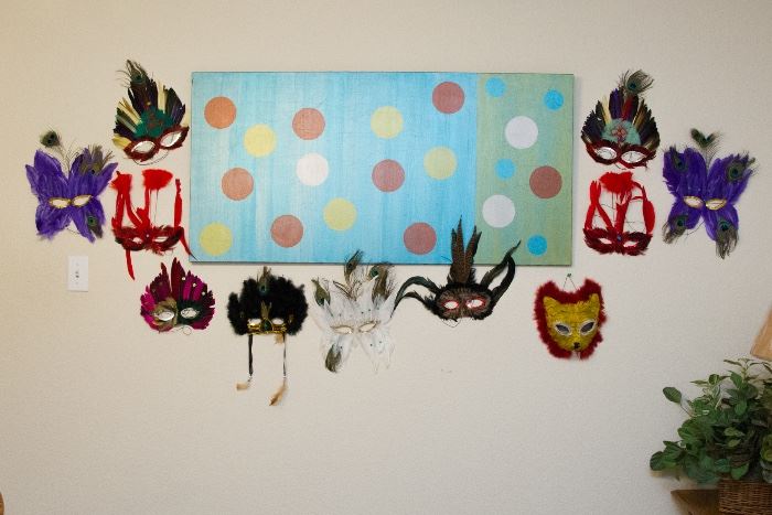 Acrylic "Dot to Dot Art":  $190.00  Mardi Gras Feather Masks:  $9.00ea. 