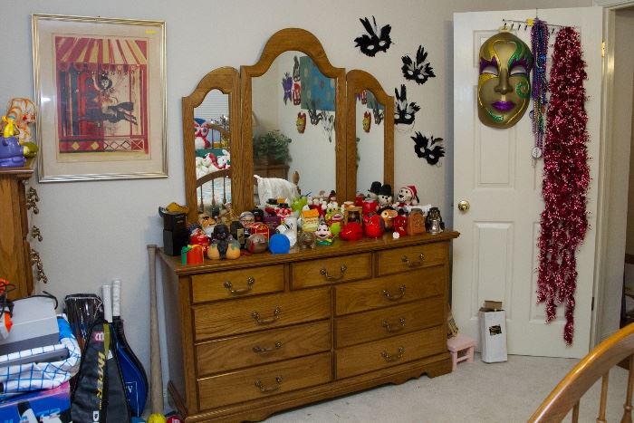 9 Drawer Oak Dresser & Mirror.  (32"h to top of surface/72"h to top of mirror x 60"w x 19"d):  $225.00. "Piggy Bank" Collection.  Priced Individualy.