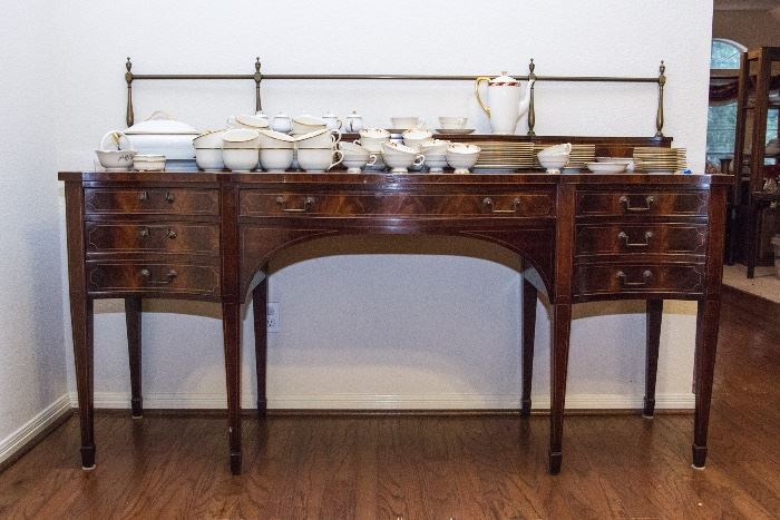 Sheraton Style Buffet.  Inlaid Walnut w/Brass Crest Rail.  (36"h in front/51"h in back x 78"w x 23"d)  $1,800.00